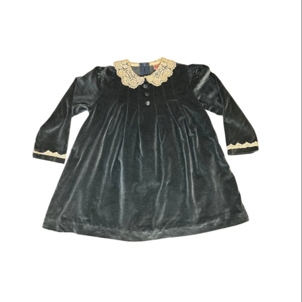 Vintage Beatique Girls Velvet Dress Size 5 –Blue Holiday Dress with Lace Collar